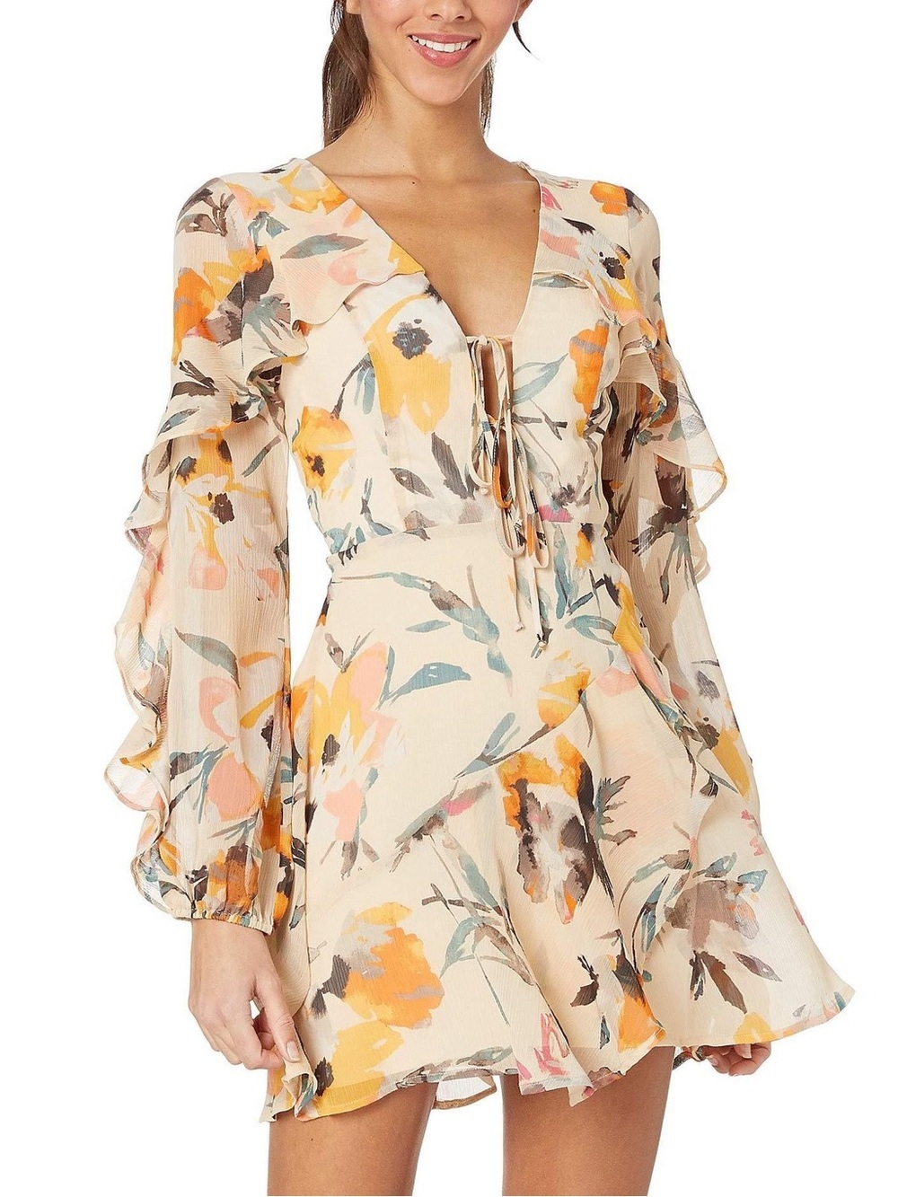 BCBGMAXAZRIA Size 8 Cream Floral Ruffle Mini Dress New